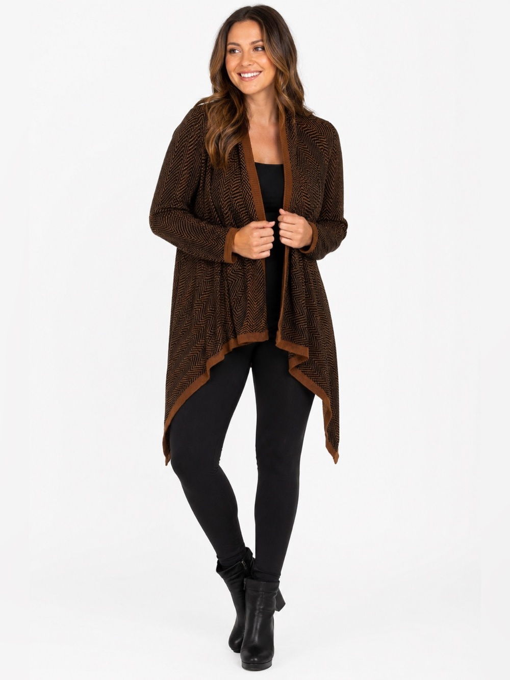 Fashion Avenue Women’s Open Front Handkerchief Hemline Cardigan in Tan Sz M